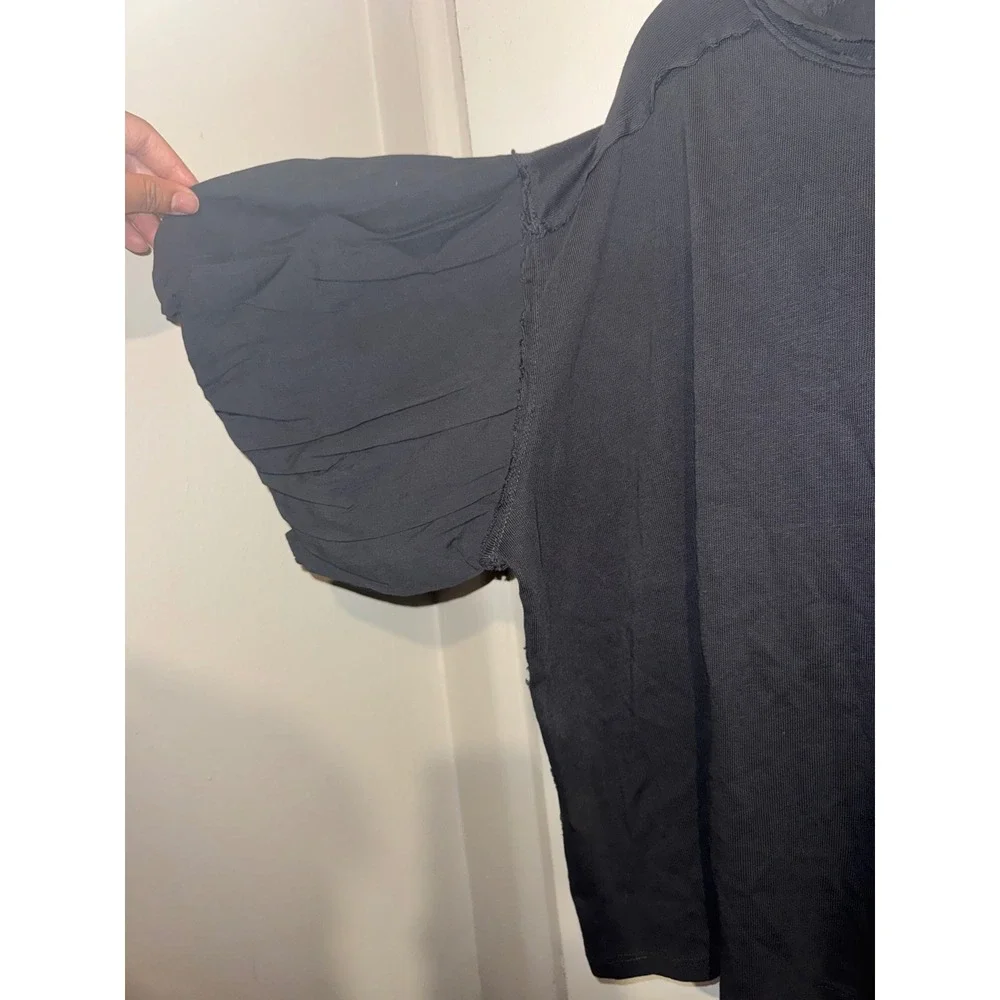 We The Free Sz M Charcoal Grey Blossom Puff Sleeve Oversized Tee Boho